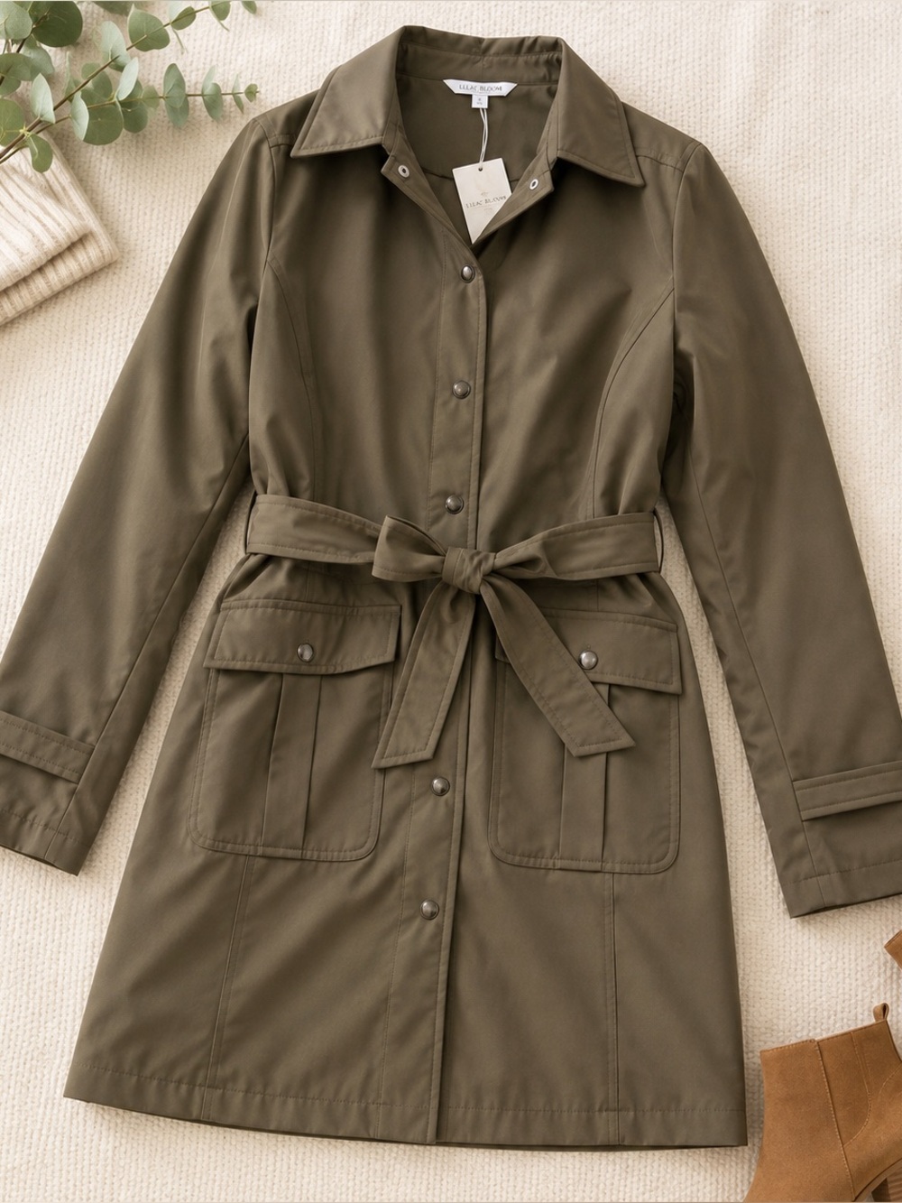 Lilac Bloom Olive Green Belted Trench Coat Women’s 2XL NWT